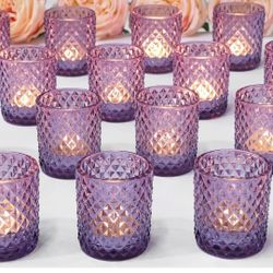 24 Pcs Votive Candle Holders, Purple Glass Candle Holders Bulk for Table Centerpiece, Tea Lights Candle Holders for Wedding Shower, Party and Home Dec
