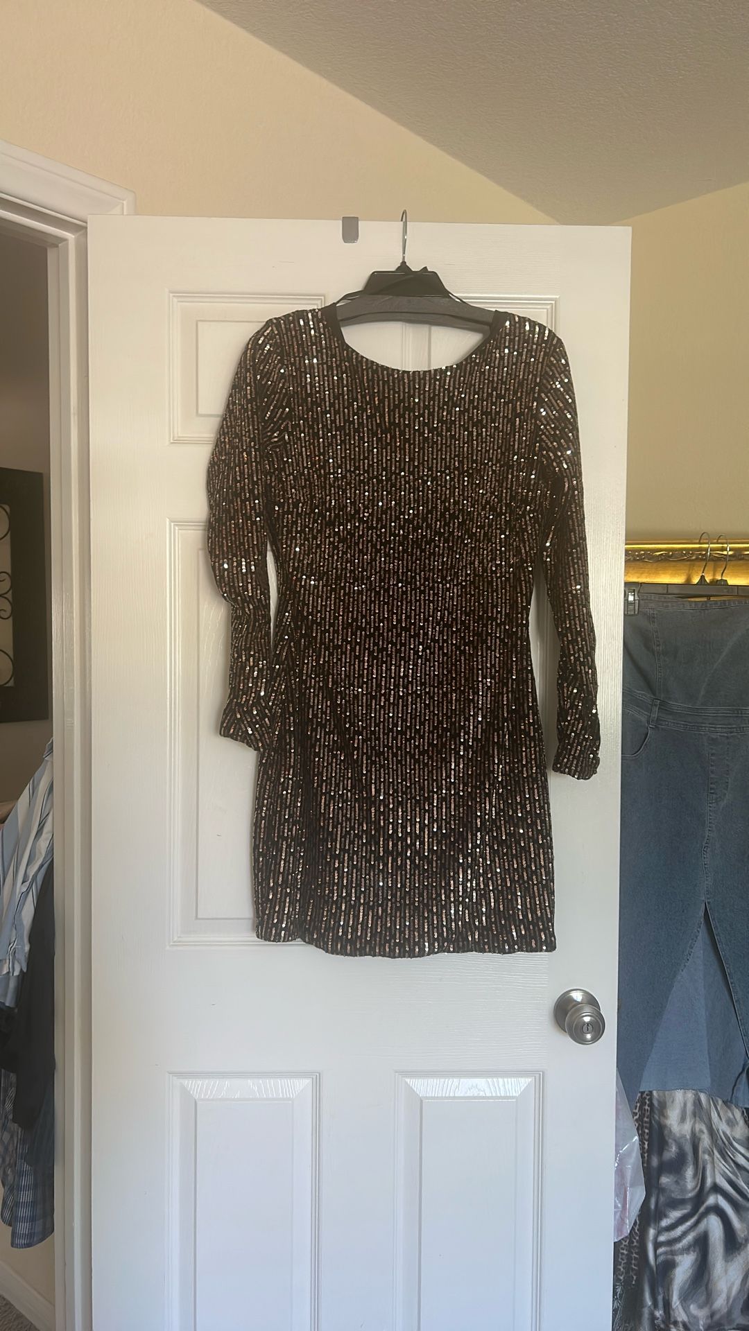 New Formal Dress, Gold Sequence, Short Length Long Sleeve Size Large