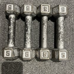 Pair of Vintage 5 lb Dumbbells Hex Cast Iron - qty 4 & 1 3lb