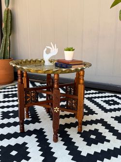 Vintage Moroccan Brass Tray Table  with Carved Wood Folding Base.