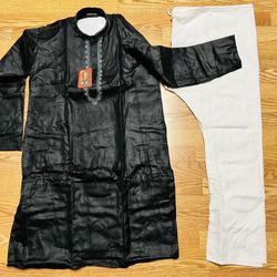 NWT Men's Kurta PAJAMA SET COTTON SZ 42 large black white embroidery INDIA- USA