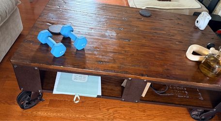 Rustic Industrial Wood Coffee Table with Wheels