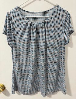 Worthington Checkered Pleated Neckline Black Blue White Short Sleeve Blouse