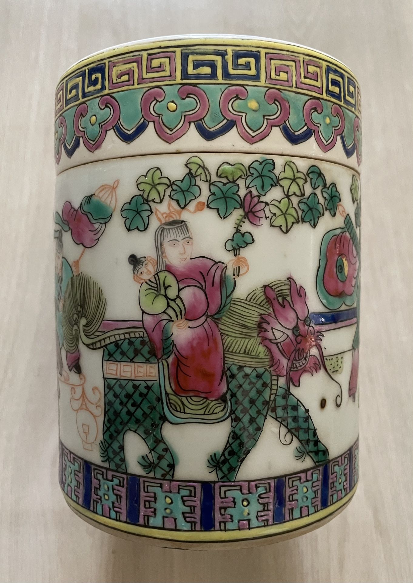 Antique Chinese Family Rose Hand Painted Porcelain Lidded Tea Jar Caddy 6”x4.5”