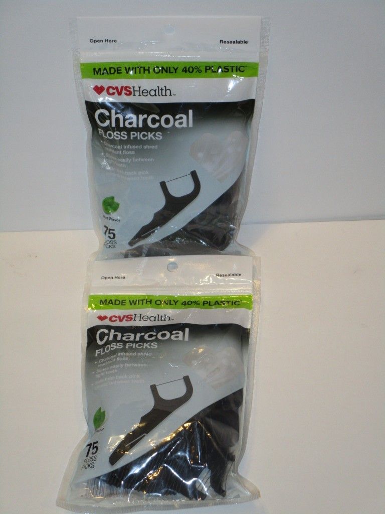 (2) CVS Health Charcoal Floss Picks Mint Flavor 75 count
