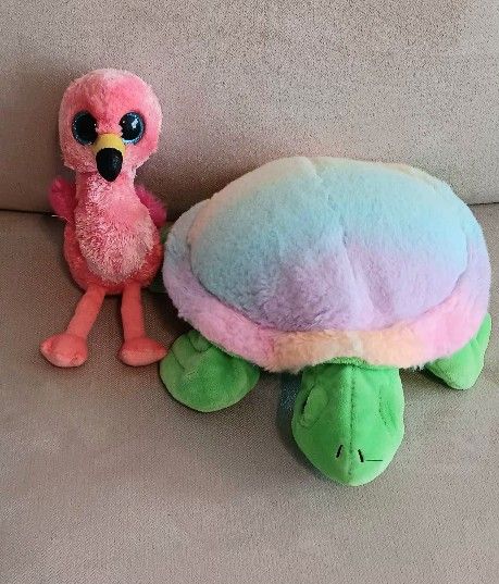 Pink Flamingo and Colorful Turtle Plushies