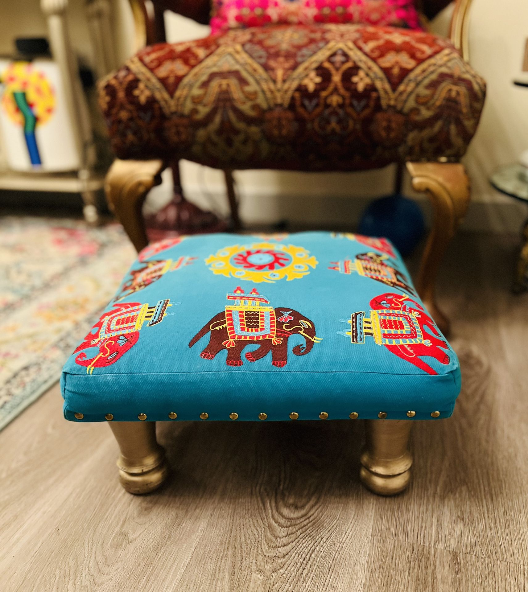 Embroidered Elephants Ottoman turquoise foot stool