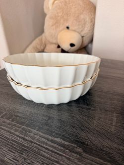 White Ceramic Bowls with Gold Rim – Set of 2