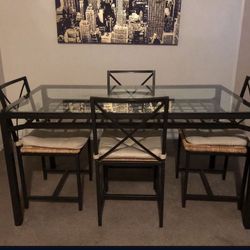 Minimalistic Industrial Glass Top Dining Table with 4 Rattan Chairs IKEA-Granas