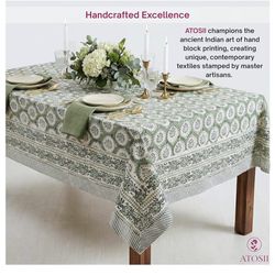 Kari Green 100% Cotton Square Boho Tablecloth, Block Print Floral 60 X 60