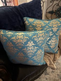 Teal and Gold Damask Throw Pillows – Set of 2