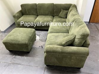 NEW Vintage Corduroy Sage Green Fabric Sectional Sofa and Ottoman Corner Couch Set Ashley IKEA Style Designer Classic Discount Clearance BIG SALE