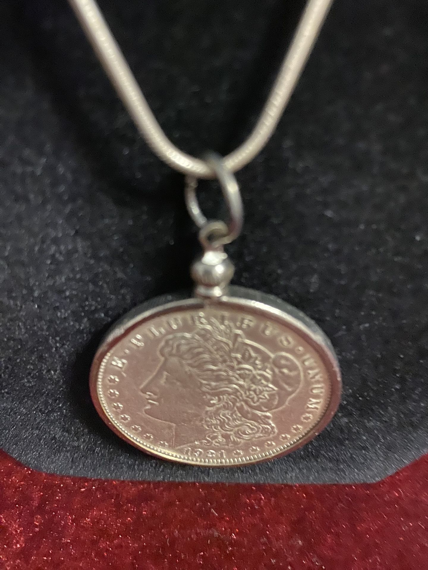 1921 Silver Dollar, necklace 20in. Silver rope Chain