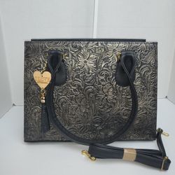 Brand New Black and Gold Artisan Tooled Leather Bag With Crossbody Strap