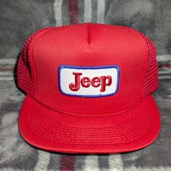 Vintage 90s Trucker Red Snapback Mesh Hat Jeep Logo Patch Great Condition