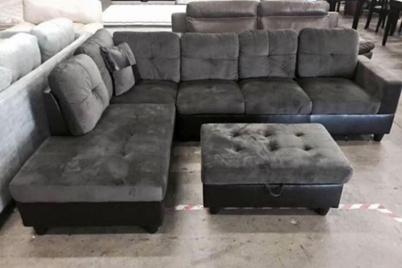 Gray Microfiber Sectional Couch and Ottoman