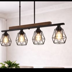 4-Light Industrial Farmhouse Linear Pendant Light – Black & Woo