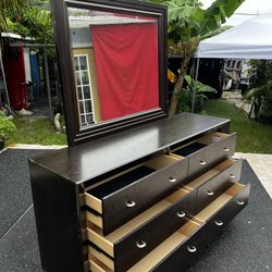 Dark Wood 6 Draw Dresser w/ Mirror