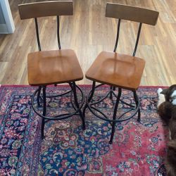 Adjustable Height Wood And Metal Swivel Stools - Set Of Two 