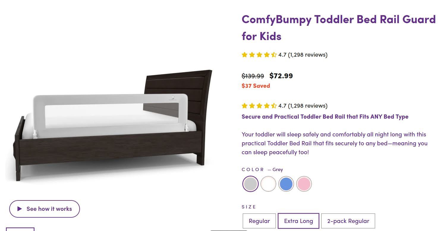 ComfyBumpy Extra Long Toddler Bed Rails - Baby Bed Rail Guard for Kids, Twin, Full, King and Queen Beds - Adjustable Bed Rail for Toddlers - Baby Bed