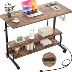 New Height Adjustable Standing Desk with Power Outlets, 39" Manual Stand Up Desk with Storage Shelves