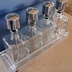 Vintage MCM Pump Liquor Dispenser Glass Decanter Set  Lucite Tray 4 bottles