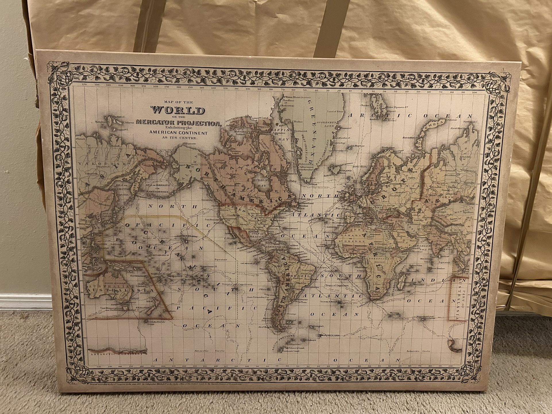Map Of The World (1867 Print) 40x30”