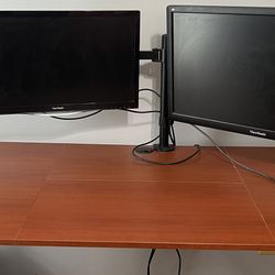 Monomi Electric Standing Desk with 2 monitors and Dual monitors desk mount.