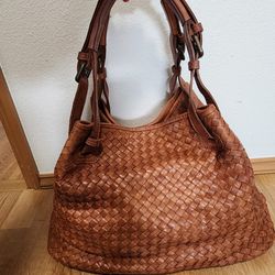 GORGEOUS! Valentina Brown Woven Hobo Genuine Leather Handbag Made In Italy