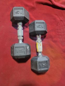 SETS OF 15LB RUBBER COATED HEXHEAD DUMBBELLS TOTAL 30LBs
11525 S HALSTED/7111.S WESTERN 
30$  CASH ONLY AS IS