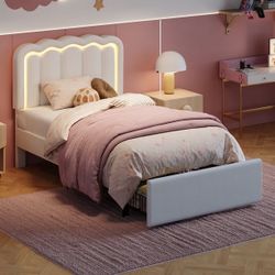 Amolife Twin Size LED Bed Frame with Drawer, Platform Bed with Velvet Upholstered Adjustable Wavy Headboard, White