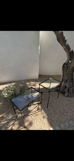 Pottery Barn Glass & Metal End Tables – Set of 2 | Bronze Finish | Industrial Modern