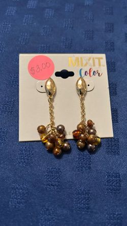 Gold And Brown Beaded Dangle Earrings. Hypoallergenic 