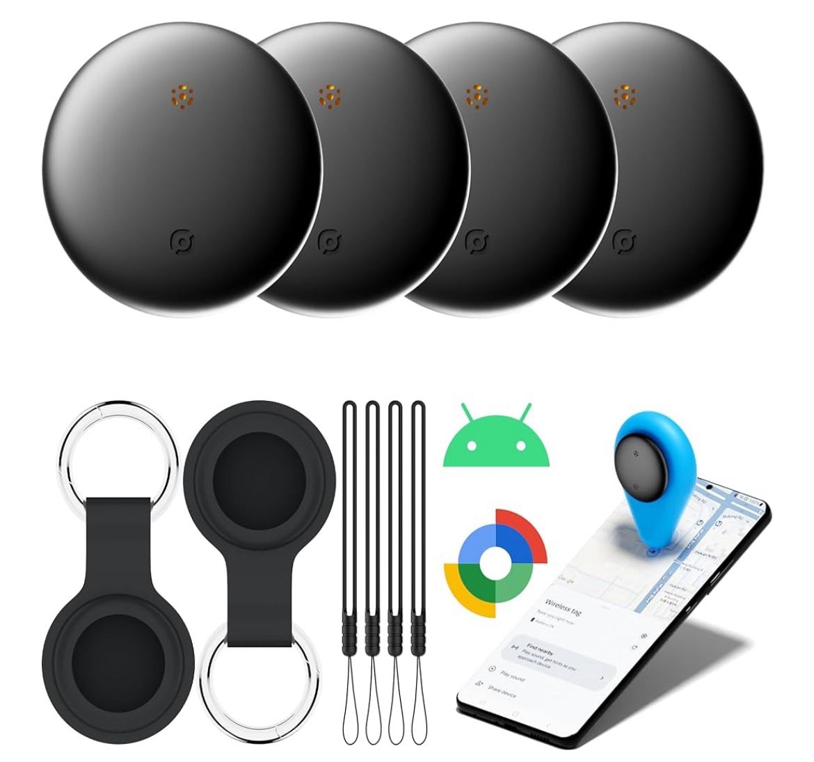 🌟 Air Tracker Tags-4 Pack for Android with Case- Bluetooth Tracker Item Finder for Key, Wallet, Pet, Luggage - Works with Google Find Hub, IP66 Water