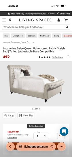 Tufted beige sleigh bed, queen