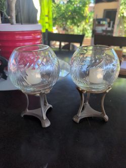 Pair of Cut Glass Globe Candle Holders