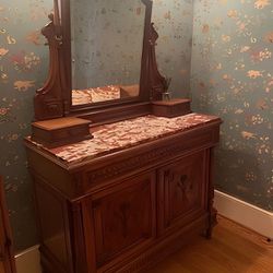 Antique French Victorian Mirrored Vanity Hand-carved Hardwood, Marbletop, 1880s