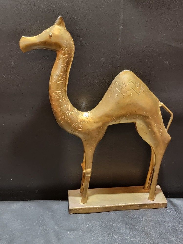 Large Hollow Brass Camel Figure - 16 Inches High - Etched Design - Unique Decor Piece