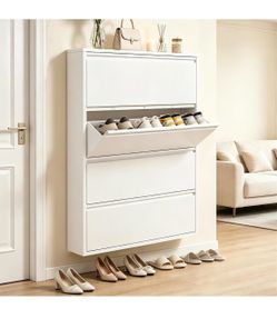 Shoe Storage Cabinet with 4 Flip Drawers, Hidden Wall Mounted Slim Shoe Rack Cabinet, Metal Narrow Shoe Cabinet for Entryway Hallway Small Spaces (Whi