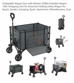 Collapsible Wagon Cart with Wheels 220lbs Foldable Wagon 120L Shopping Cart for Groceries Folding Utility Wagon for Beach, Garden, Camping, Sport, Apa