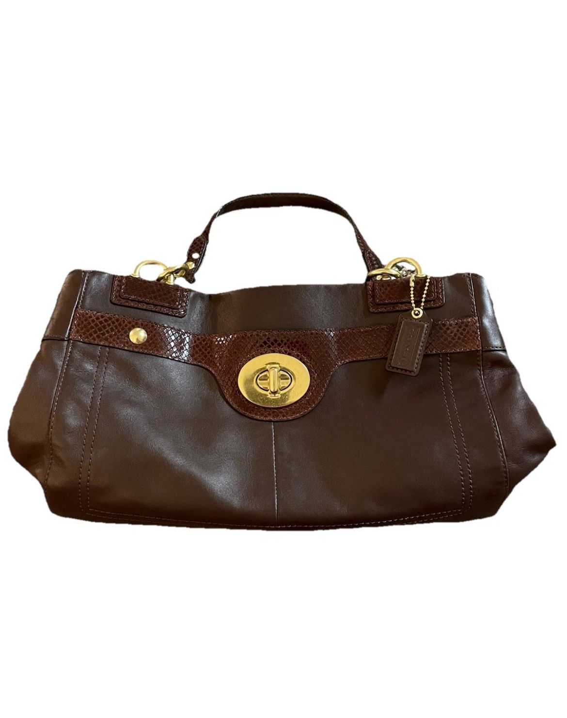COACH Penelope Brown Leather Snakeskin Accent Satchel Tote Bag F16531 Turn Lock