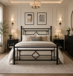 Full bed Metal Platform Bed Frame/Vintage Iron-Art Headboard and Footboard/Mattress Foundation for Storage/No Box Spring Needed/Noise-Free/Easy Assemb