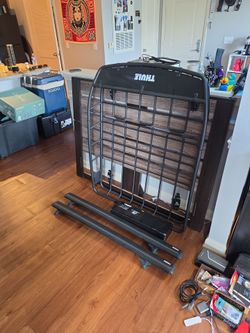 Thule Roof Basket with 2x Wingbar Aero and Rapid Podium Kit, plus tarp and elastic net