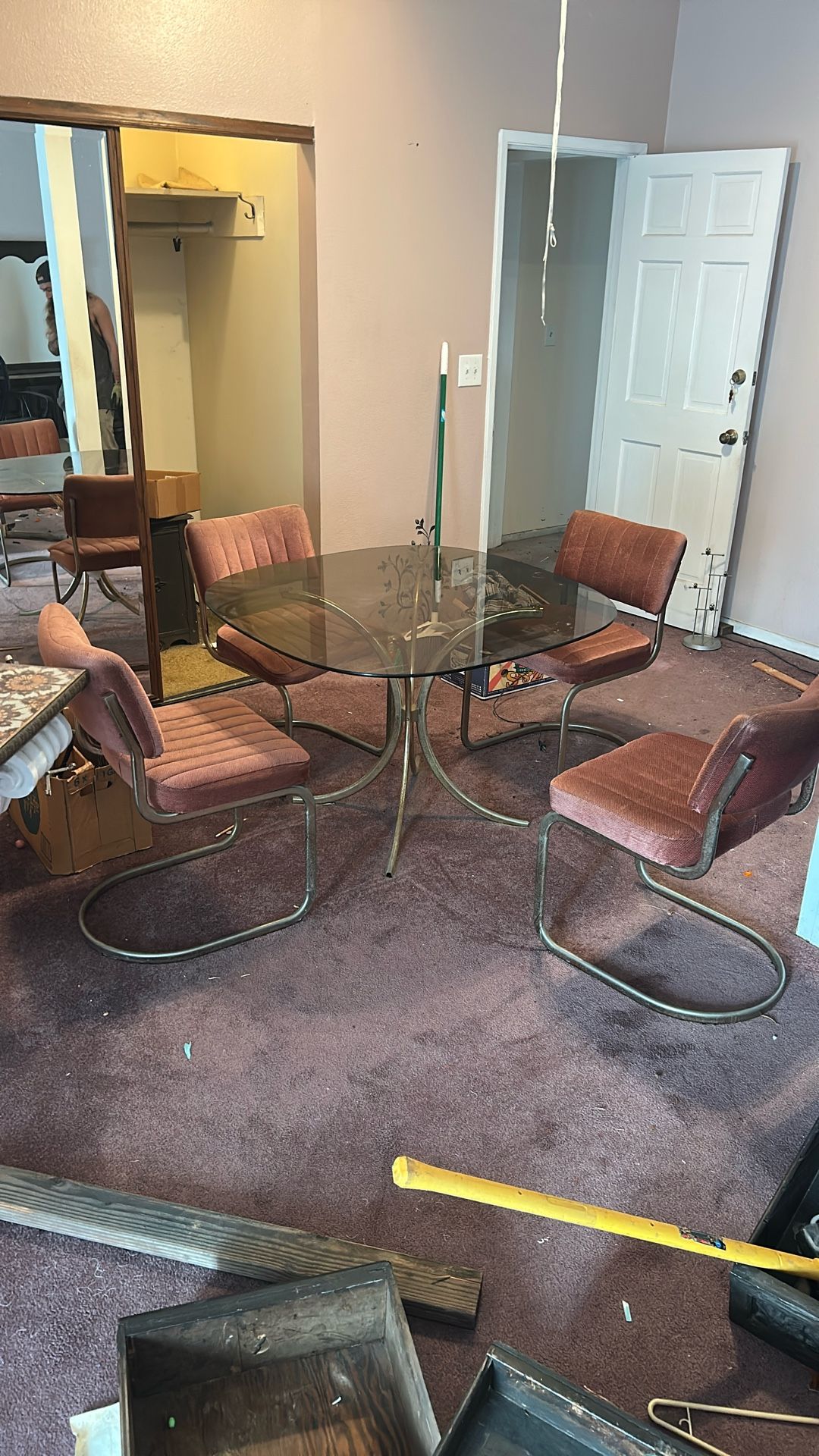 Antique 1970s Glass Table And Four Pink Chairs