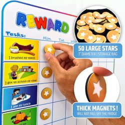 Brand New: Large Magnetic Reward Chart for Kids - 127 Pre-Written Stickers + 30 Customizable Chores - Behavior and More Star Chart.