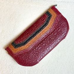 Genuine Leather Long Wallet Magenta Pink Clutch Multicolor Leaf Design Zipper Coin