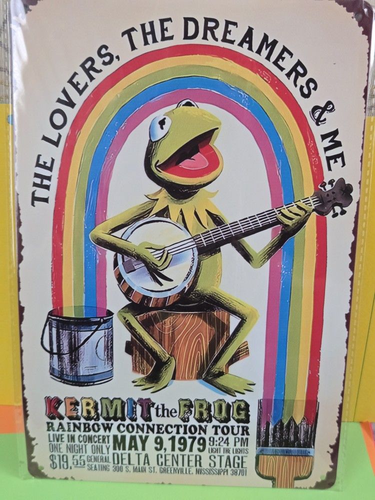 Disney Muppets Kermit The Frog Sign Tin Rustic Style Rainbow Connection Tour