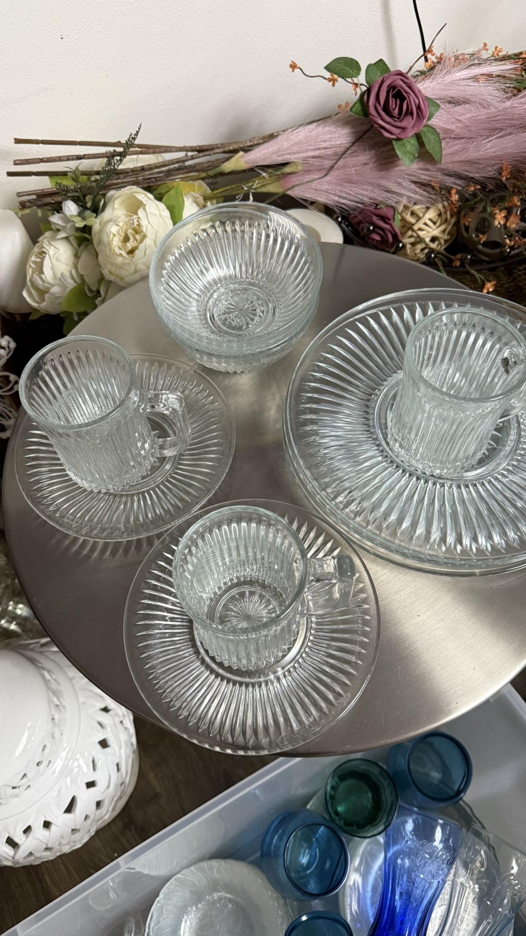 KIG Malaysia Fluted Clear Glass Stars (3) Bowls, (2) Saucers, 3 Cups & 3 Dinner Plates