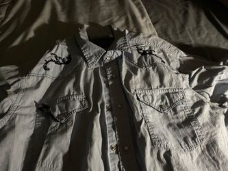 Gray Button-Up Shirt with Eagle Graphic