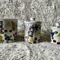 3 ceramic canisters with fruit designs handcrafted in Hungary